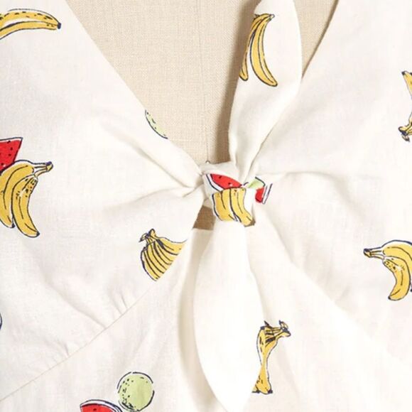 ModCloth M Ivory Red Yellow Pack a Picnic Fruit Print Short Sleeve Tie Front Top - Picture 7 of 10